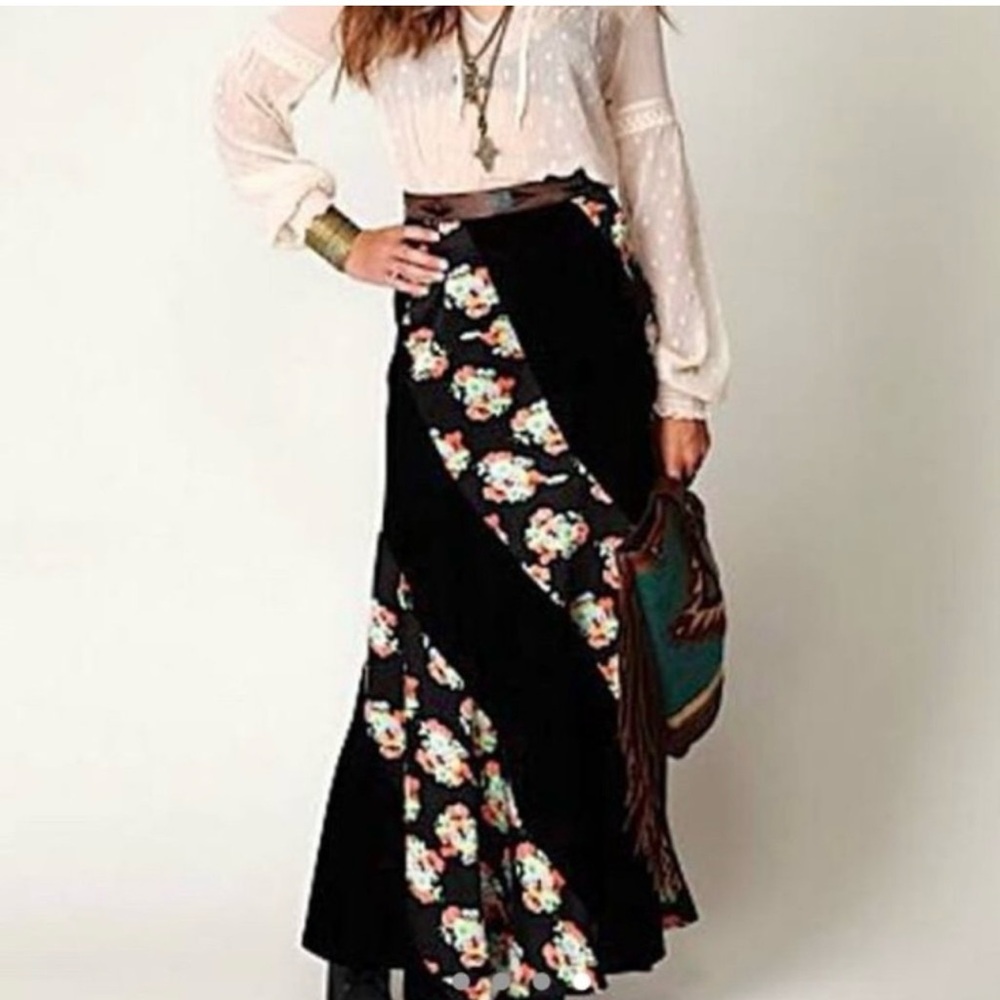 Free People Tiered Velvet Satin Maxi Skirt 6 Black Twisted Festival Boho Western